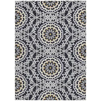 5' X 8' Black Ivory And Gray Floral Medallion Washable Indoor Outdoor Area Rug