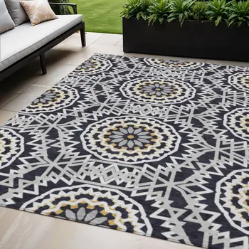 5' X 8' Black Ivory And Gray Floral Medallion Washable Indoor Outdoor Area Rug
