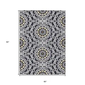 5' X 8' Black Ivory And Gray Floral Medallion Washable Indoor Outdoor Area Rug