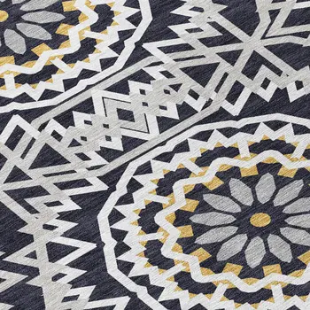 5' X 8' Black Ivory And Gray Floral Medallion Washable Indoor Outdoor Area Rug