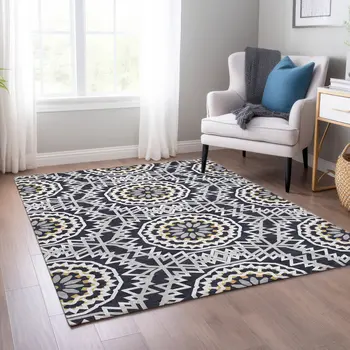 5' X 8' Black Ivory And Gray Floral Medallion Washable Indoor Outdoor Area Rug