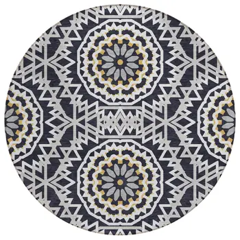 8' Black Ivory And Gray Round Floral Medallion Washable Indoor Outdoor Area Rug