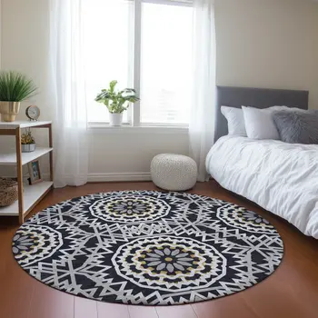 8' Black Ivory And Gray Round Floral Medallion Washable Indoor Outdoor Area Rug