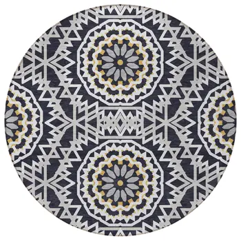 8' Black Ivory And Gray Round Floral Medallion Washable Indoor Outdoor Area Rug