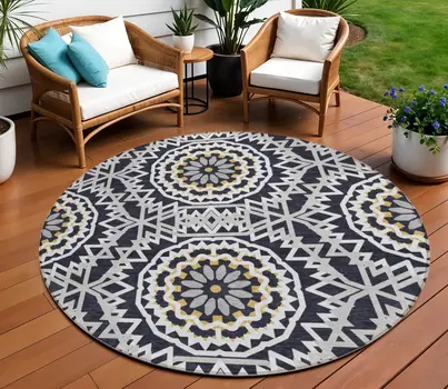 8' Black Ivory And Gray Round Floral Medallion Washable Indoor Outdoor Area Rug