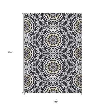 8' X 10' Black Ivory And Gray Floral Medallion Washable Indoor Outdoor Area Rug