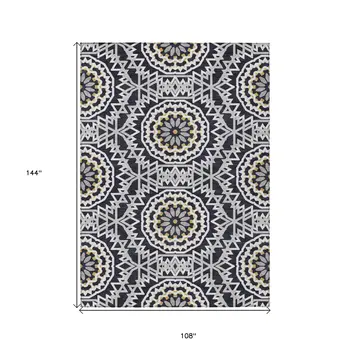 9' X 12' Black Ivory And Gray Floral Medallion Washable Indoor Outdoor Area Rug