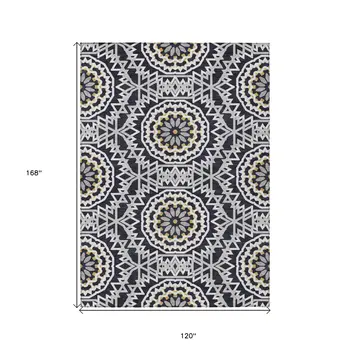 10' X 14' Black Ivory And Gray Floral Medallion Washable Indoor Outdoor Area Rug
