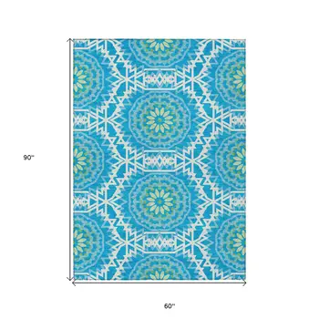 5' X 8' Ivory And Sky Blue Floral Medallion Washable Indoor Outdoor Area Rug