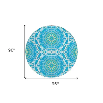 8' Ivory And Sky Blue Round Floral Medallion Washable Indoor Outdoor Area Rug
