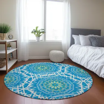 8' Ivory And Sky Blue Round Floral Medallion Washable Indoor Outdoor Area Rug