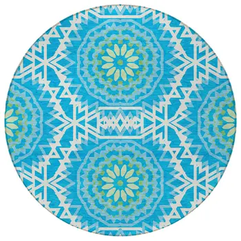 8' Ivory And Sky Blue Round Floral Medallion Washable Indoor Outdoor Area Rug