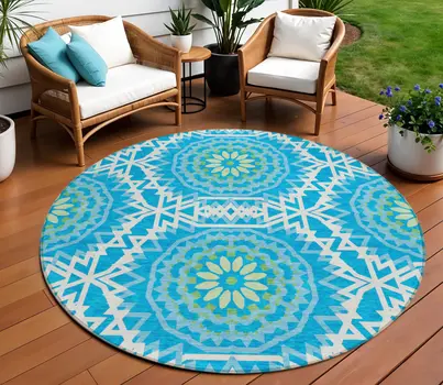 8' Ivory And Sky Blue Round Floral Medallion Washable Indoor Outdoor Area Rug