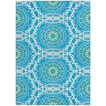 8' X 10' Ivory And Sky Blue Floral Medallion Washable Indoor Outdoor Area Rug