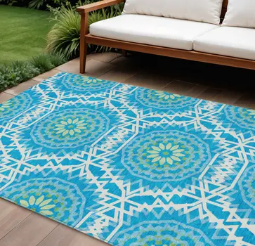 8' X 10' Ivory And Sky Blue Floral Medallion Washable Indoor Outdoor Area Rug