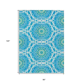8' X 10' Ivory And Sky Blue Floral Medallion Washable Indoor Outdoor Area Rug
