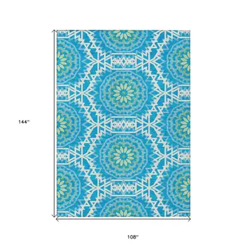 9' X 12' Ivory And Sky Blue Floral Medallion Washable Indoor Outdoor Area Rug