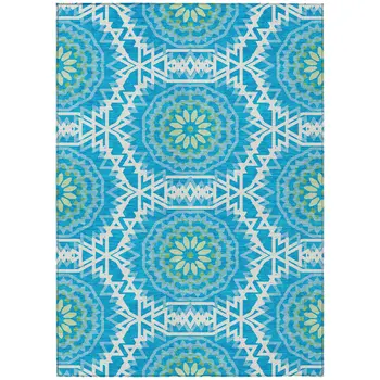 10' X 14' Ivory And Sky Blue Floral Medallion Washable Indoor Outdoor Area Rug