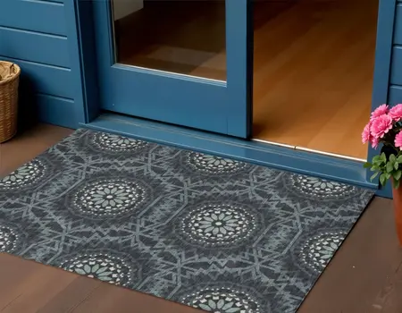 3' X 5' Charcoal Gray And Ivory Floral Medallion Washable Indoor Outdoor Area Rug