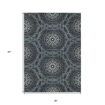 3' X 5' Charcoal Gray And Ivory Floral Medallion Washable Indoor Outdoor Area Rug