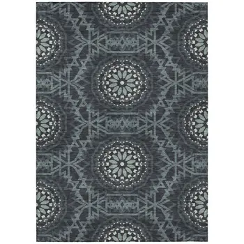 5' X 8' Charcoal Gray And Ivory Floral Medallion Washable Indoor Outdoor Area Rug