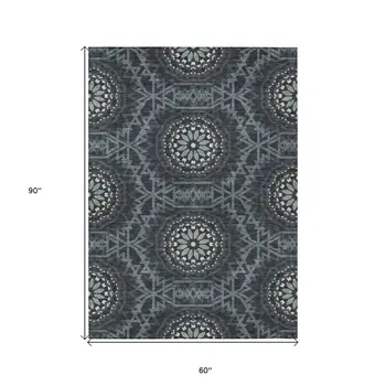 5' X 8' Charcoal Gray And Ivory Floral Medallion Washable Indoor Outdoor Area Rug