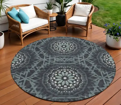 8' Charcoal Gray And Ivory Round Floral Medallion Washable Indoor Outdoor Area Rug