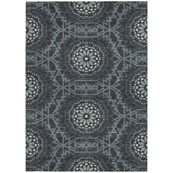 9' X 12' Charcoal Gray And Ivory Floral Medallion Washable Indoor Outdoor Area Rug