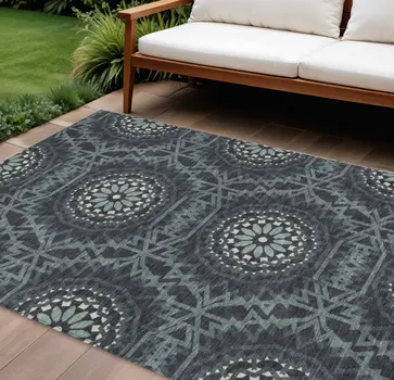 9' X 12' Charcoal Gray And Ivory Floral Medallion Washable Indoor Outdoor Area Rug