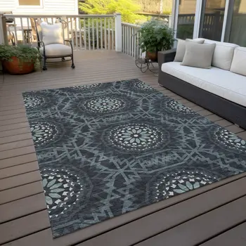 9' X 12' Charcoal Gray And Ivory Floral Medallion Washable Indoor Outdoor Area Rug