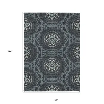 9' X 12' Charcoal Gray And Ivory Floral Medallion Washable Indoor Outdoor Area Rug
