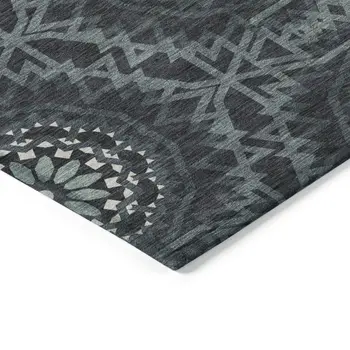 10' X 14' Charcoal Gray And Ivory Floral Medallion Washable Indoor Outdoor Area Rug