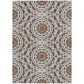3' X 5' Chocolate Ivory And Taupe Floral Medallion Washable Indoor Outdoor Area Rug