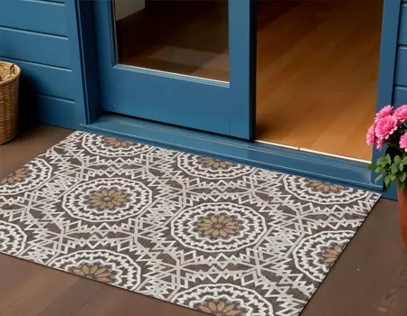 3' X 5' Chocolate Ivory And Taupe Floral Medallion Washable Indoor Outdoor Area Rug