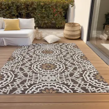 3' X 5' Chocolate Ivory And Taupe Floral Medallion Washable Indoor Outdoor Area Rug