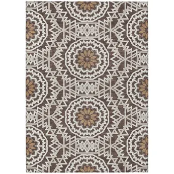 3' X 5' Chocolate Ivory And Taupe Floral Medallion Washable Indoor Outdoor Area Rug
