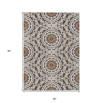 3' X 5' Chocolate Ivory And Taupe Floral Medallion Washable Indoor Outdoor Area Rug