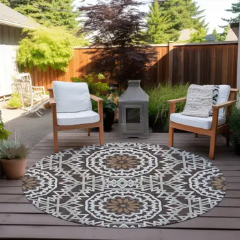 8' Chocolate Ivory And Taupe Round Floral Medallion Washable Indoor Outdoor Area Rug