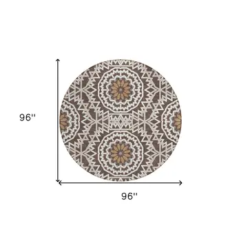 8' Chocolate Ivory And Taupe Round Floral Medallion Washable Indoor Outdoor Area Rug