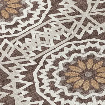 8' Chocolate Ivory And Taupe Round Floral Medallion Washable Indoor Outdoor Area Rug