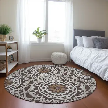 8' Chocolate Ivory And Taupe Round Floral Medallion Washable Indoor Outdoor Area Rug