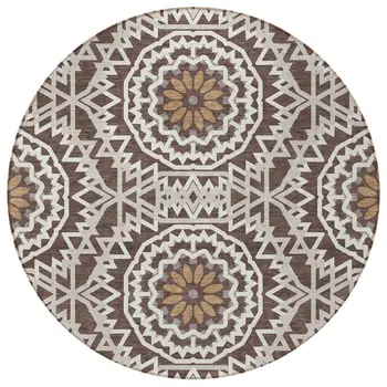 8' Chocolate Ivory And Taupe Round Floral Medallion Washable Indoor Outdoor Area Rug