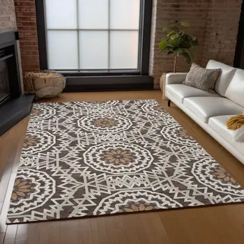 9' X 12' Chocolate Ivory And Taupe Floral Medallion Washable Indoor Outdoor Area Rug