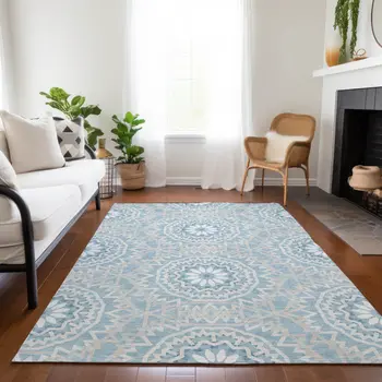 3' X 5' Denim Blue And Ivory Floral Medallion Washable Indoor Outdoor Area Rug