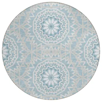 8' Denim Blue And Ivory Round Floral Medallion Washable Indoor Outdoor Area Rug