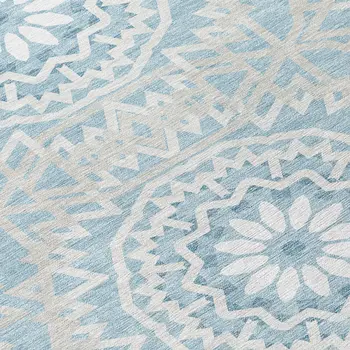 8' Denim Blue And Ivory Round Floral Medallion Washable Indoor Outdoor Area Rug