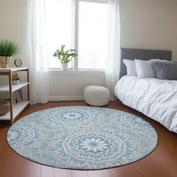 8' Denim Blue And Ivory Round Floral Medallion Washable Indoor Outdoor Area Rug