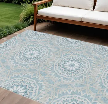 8' X 10' Denim Blue And Ivory Floral Medallion Washable Indoor Outdoor Area Rug