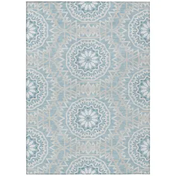 9' X 12' Denim Blue And Ivory Floral Medallion Washable Indoor Outdoor Area Rug