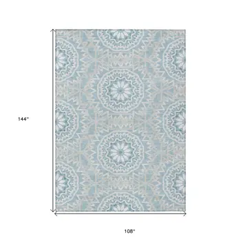 9' X 12' Denim Blue And Ivory Floral Medallion Washable Indoor Outdoor Area Rug